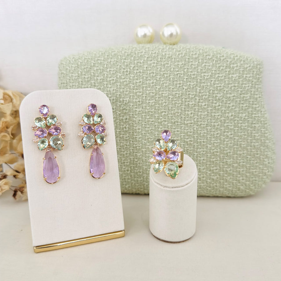 Kit Clutch, Brinco e Anel Regulável Thamires de Zircônia Lavanda com Menta Banho Dourado