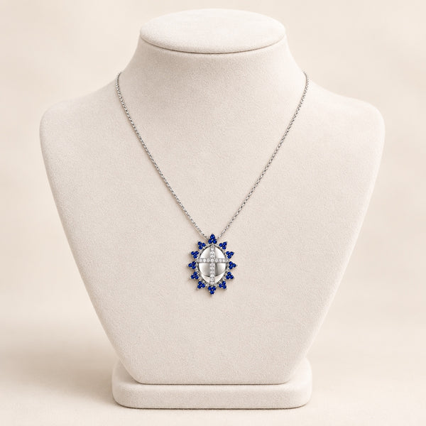 COLAR COM CRUZ DE ZIRCÔNIA AZUL SAFIRA BANHO PRATA