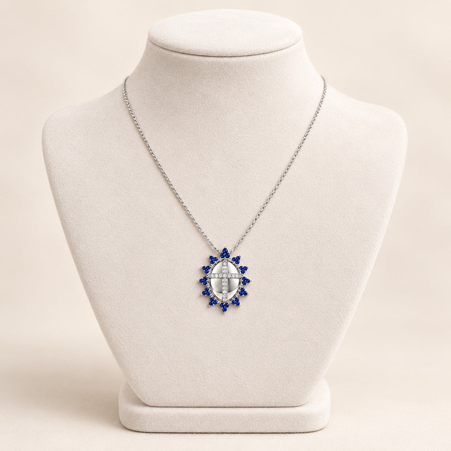 COLAR COM CRUZ DE ZIRCÔNIA AZUL SAFIRA BANHO PRATA