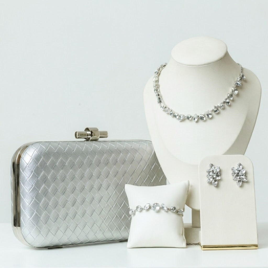 Kit 4 Peças Clutch, Brinco, Pulseira e Colar Blair Cristal Prata