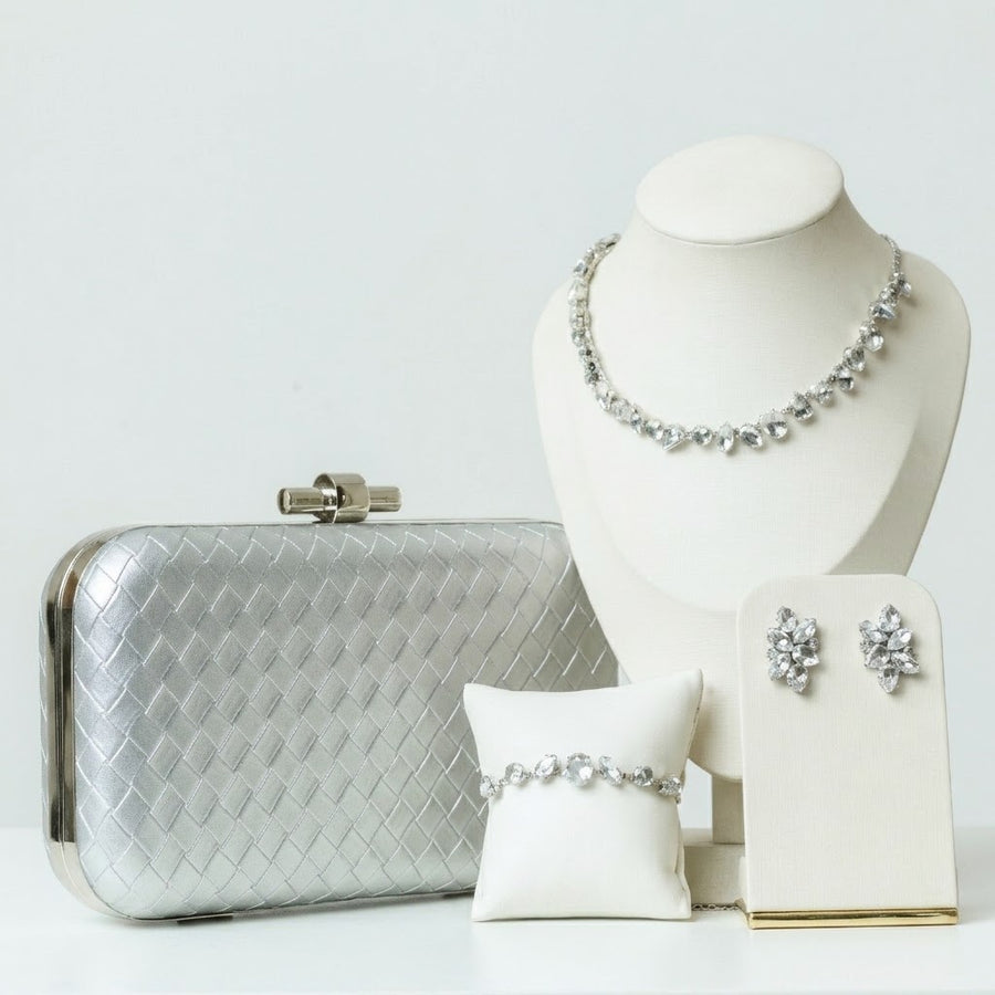 Kit 4 Peças Clutch, Brinco, Pulseira e Colar Blair Cristal Prata