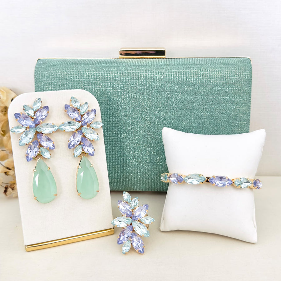 Kit 4 Peças Clutch Brilhosa, Brinco, Anel e Bracelete Londres Lilás com Menta Banho Dourado