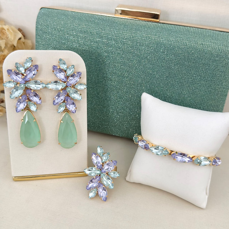 Kit 4 Peças Clutch Brilhosa, Brinco, Anel e Bracelete Londres Lilás com Menta Banho Dourado