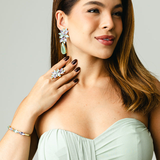 Kit Brinco, Bracelete e Anel Regulável Londres Lavanda com Menta Banho Dourado
