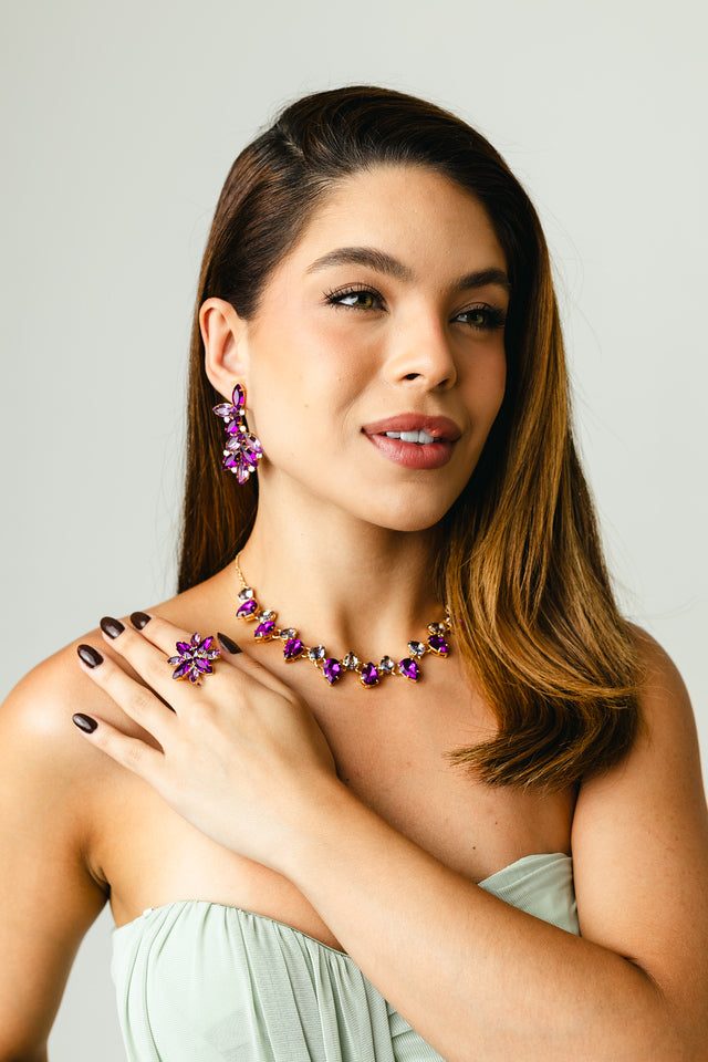 Kit Brinco, Anel Regulável e Colar Miriam Tons de Roxo Banho Dourado