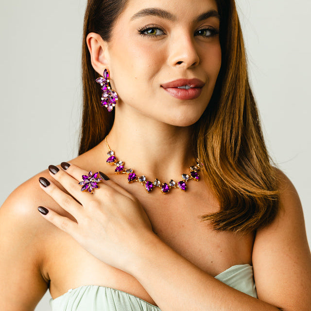 Kit Brinco, Anel Regulável e Colar Miriam Tons de Roxo Banho Dourado