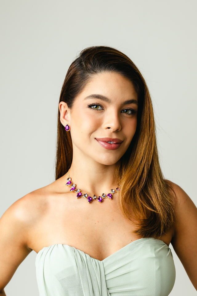 Kit Brinco e Colar de Zircônia Miriam Tons de Roxo Banho Dourado