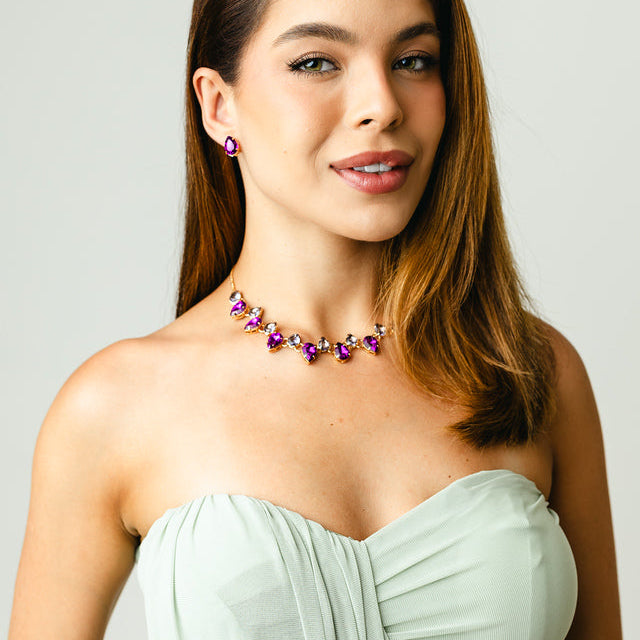 Kit Brinco e Colar de Zircônia Miriam Tons de Roxo Banho Dourado