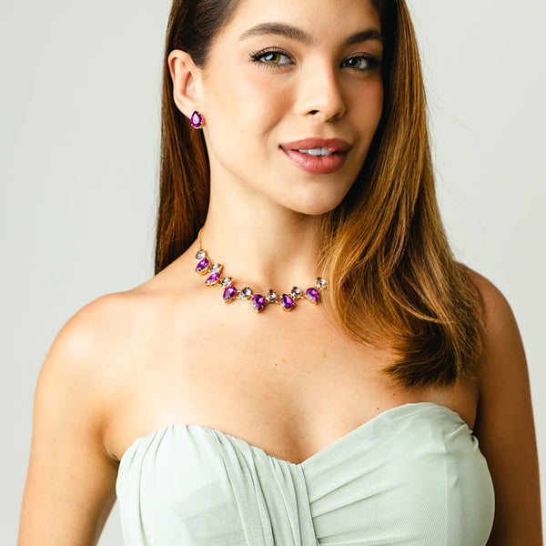 Kit Brinco e Colar de Zircônia Miriam Tons de Roxo Banho Dourado