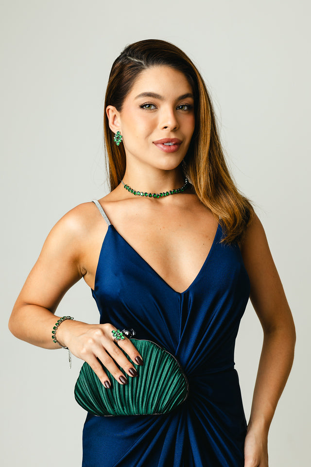 Kit 5 Peças Clutch, Brinco, Anel Regulável, Pulseira e Colar de Gotinhas Zircônia Esmeralda Prata