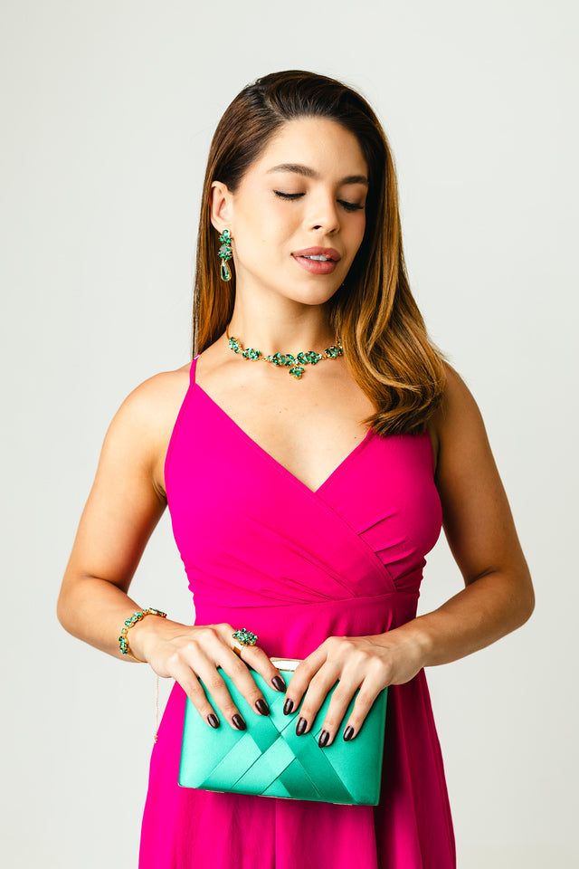 Kit 5 Peças Clutch, Brinco, Colar, Pulseira e Anel Regulável Luxo Tons de Verde Banho Dourado
