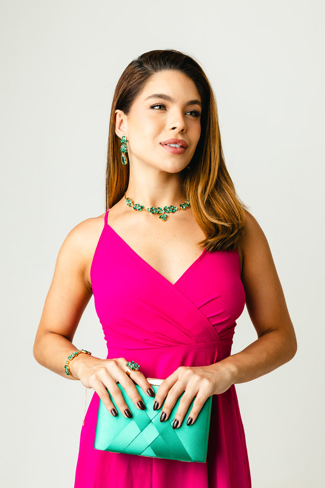 Kit 5 Peças Clutch, Brinco, Colar, Pulseira e Anel Regulável Luxo Tons de Verde Banho Dourado