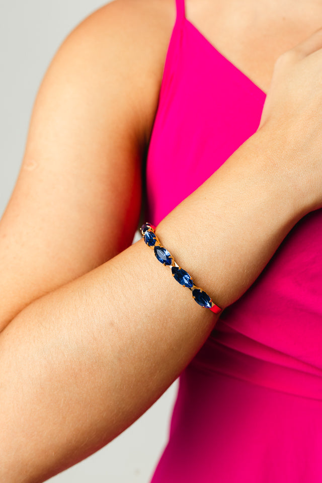 Kit 3 Peças Brinco, Bracelete e Anel Regulável Kate Azul Safira Banho Dourado