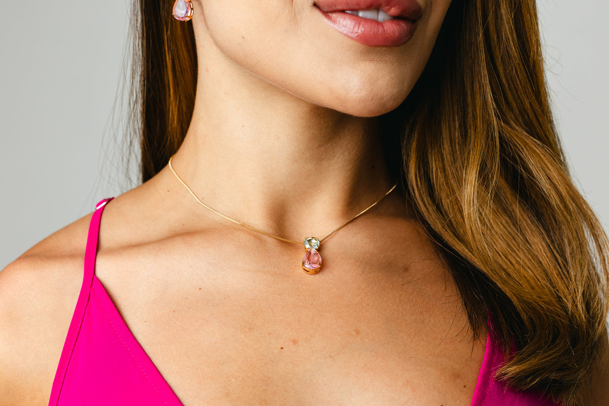 Kit Colar e Brinco de Zircônia Azul com Rosa Sasa Dourado