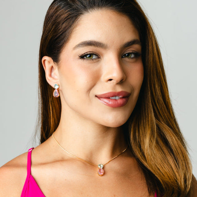 Kit Colar e Brinco de Zircônia Azul com Rosa Sasa Dourado