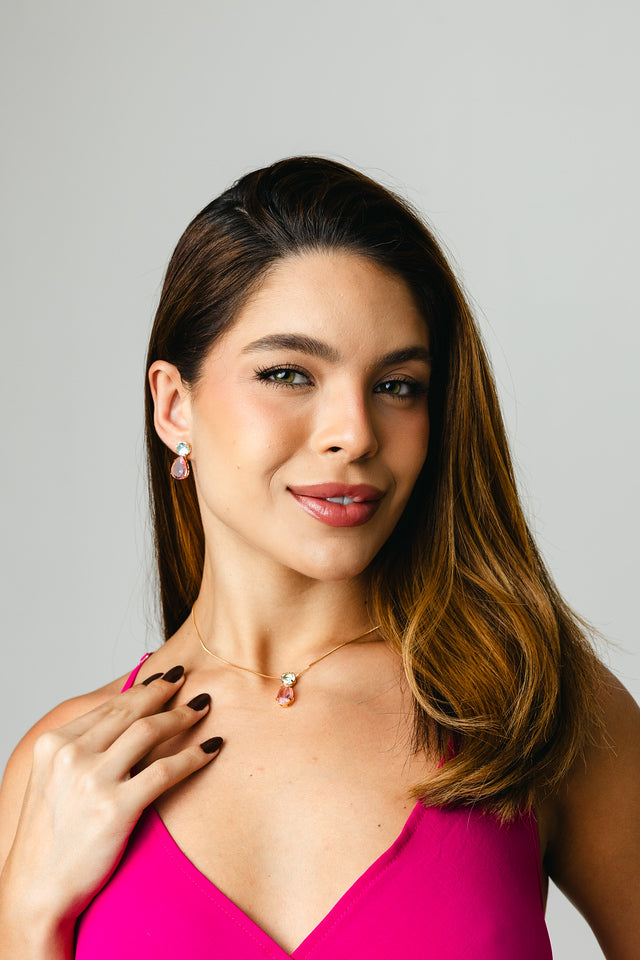 Kit Colar e Brinco de Zircônia Azul com Rosa Sasa Dourado