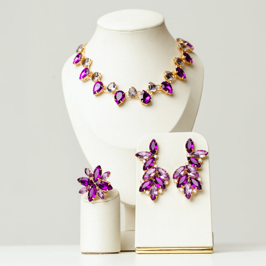 Kit Brinco, Anel Regulável e Colar Miriam Tons de Roxo Banho Dourado