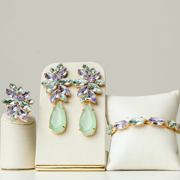 Kit Brinco, Bracelete e Anel Regulável Londres Lavanda com Menta Banho Dourado