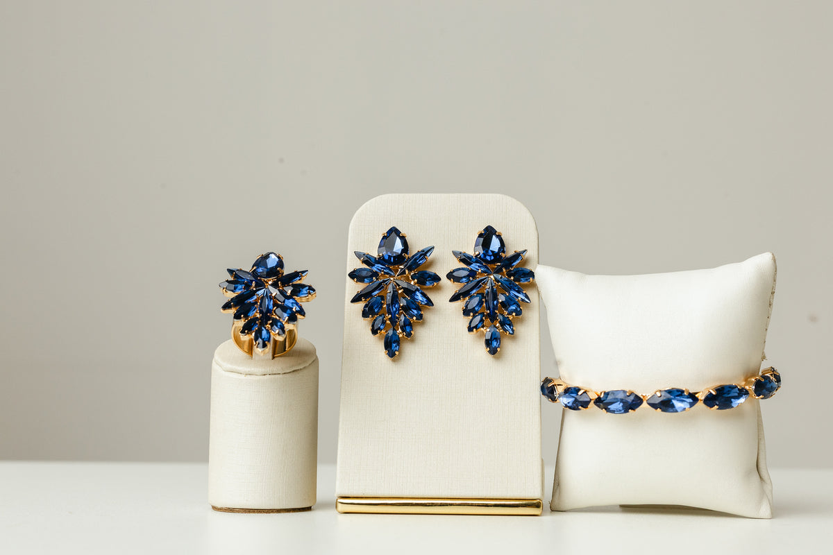 Kit 3 Peças Brinco, Bracelete e Anel Regulável Kate Azul Safira Banho Dourado