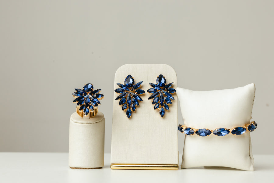 Kit 3 Peças Brinco, Bracelete e Anel Regulável Kate Azul Safira Banho Dourado