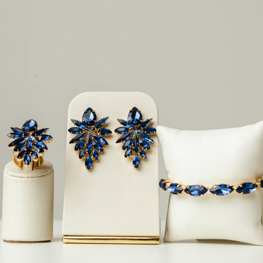 Kit 3 Peças Brinco, Bracelete e Anel Regulável Kate Azul Safira Banho Dourado
