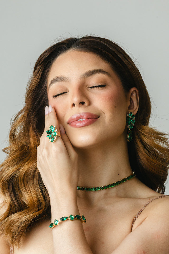 Kit 4 Peças Chocker, Bracelete, Brinco e Anel Regulável Liz Tons de Verde Dourado