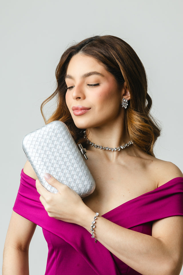 Kit 4 Peças Clutch, Brinco, Pulseira e Colar Blair Cristal Prata