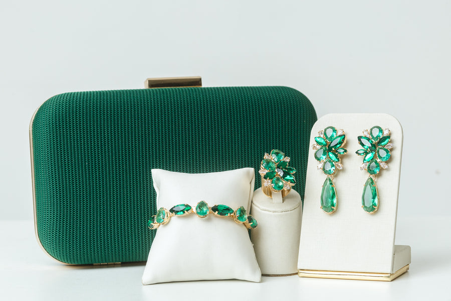 Kit 4 Peças Clutch, Brinco, Bracelete e Anel Regulável Liz Tons de Verde Dourado