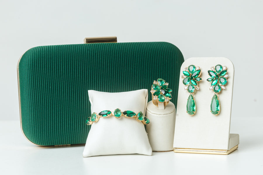 Kit 4 Peças Clutch, Brinco, Bracelete e Anel Regulável Liz Tons de Verde Dourado