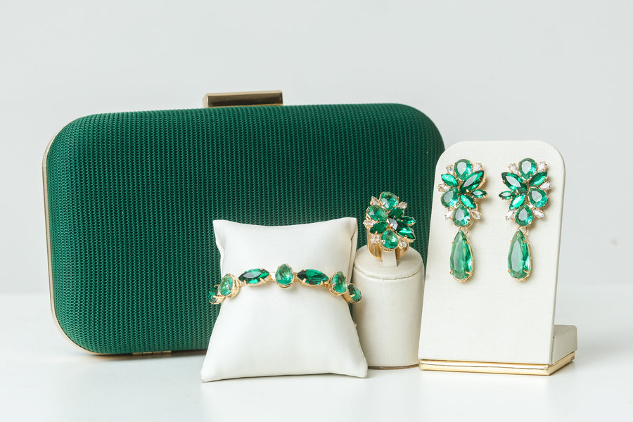 Kit 4 Peças Clutch, Brinco, Bracelete e Anel Regulável Liz Tons de Verde Dourado