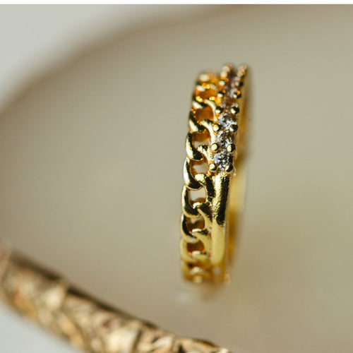 Anel Aparador Duplo Corrente com Zircônias | Dourado Tamanho:21