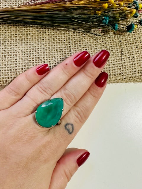 Anel Diamond Verde de Zirconia Tamanho 17 Banho de Prata