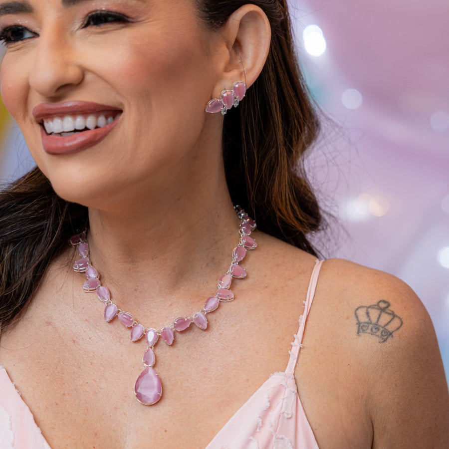 Kit Brinco Ear Kurf e Colar da Boss Zircônia Perólado Rosa Banho Prata