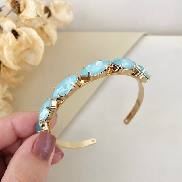 Bracelete Navete de Pedraria Azul Aquac Dourado