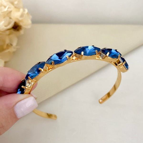 Bracelete Navete de Pedraria Azul Safira Dourado