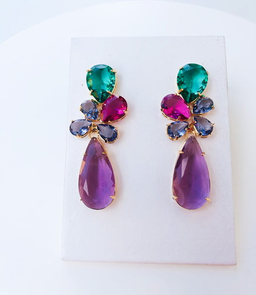 Brinco de Zircônia Isaura Lilas com Rosa Fucsia Dourado