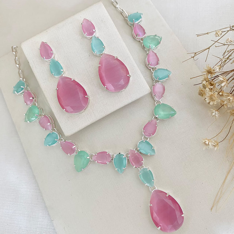 Kit Brinco e Colar de Gota Candy Collor Ferrari de Zircônia Banho Prata