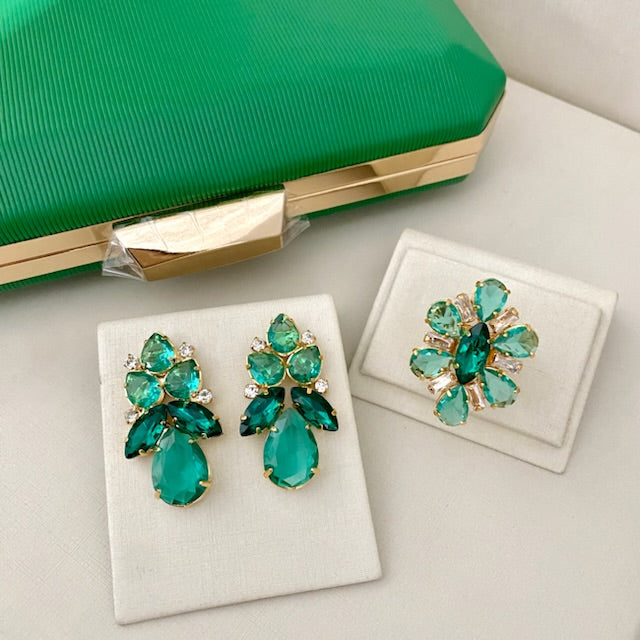 Kit Clutch, Brinco e Anel Regulável Rubia de Zircônia Verde Dourado