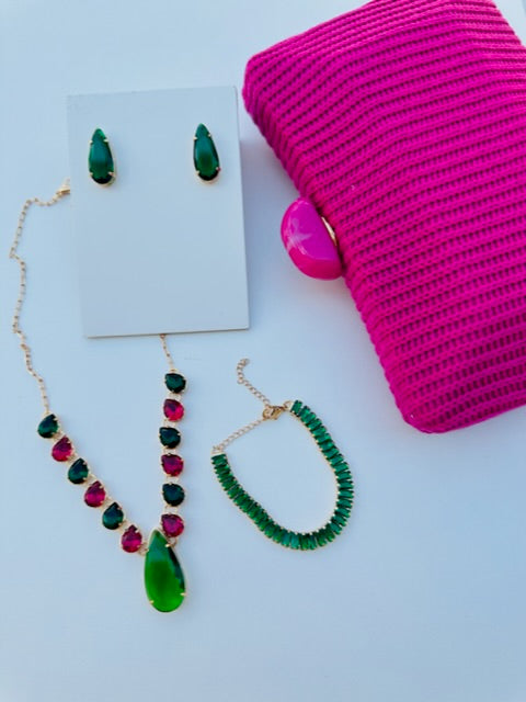 Clutch Pink com Acessórios Rosa com Verde Barros