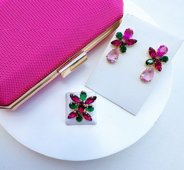 Clutch Rosa com Acessórios em Verde Rosa