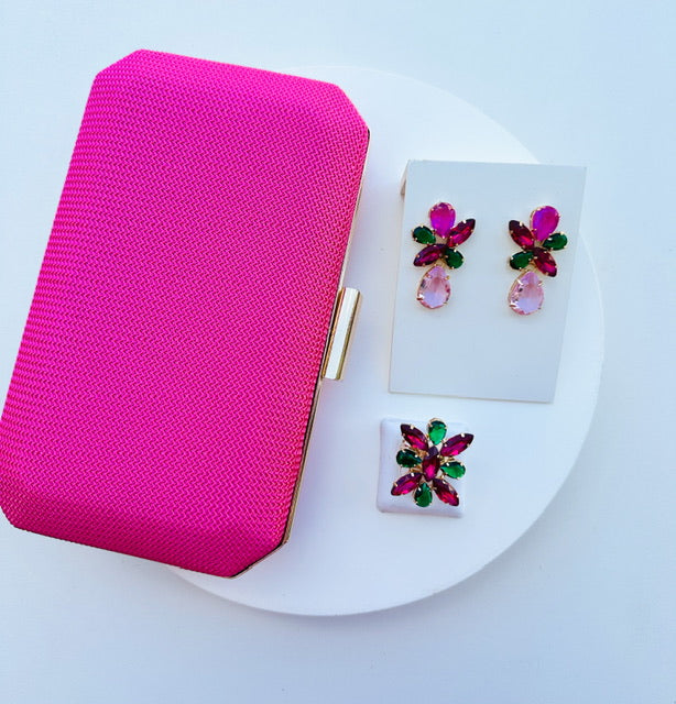 Clutch Rosa com Acessórios em Verde Rosa
