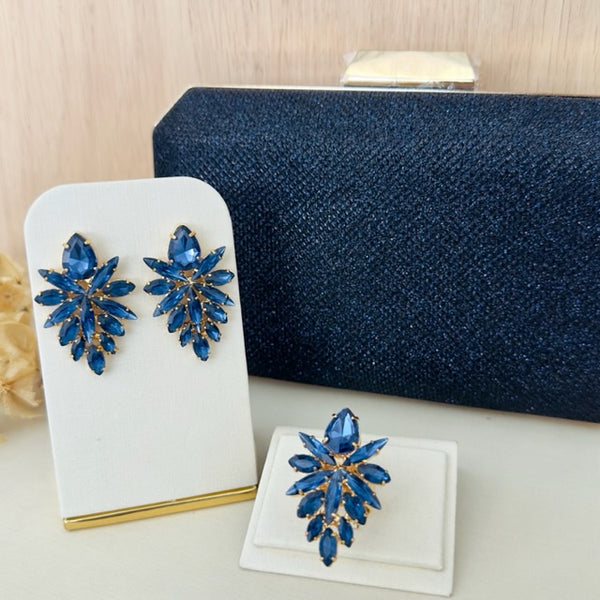 Clutch Brilhosa, Anel Regulável e Brinco Kate Azul Safira Banho Dourado