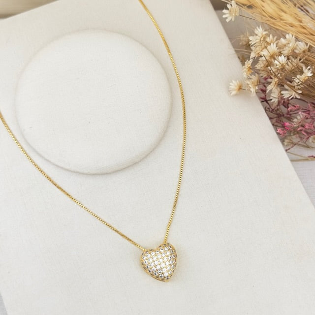 Colar de Coração de Zircônia Cristal Dourado