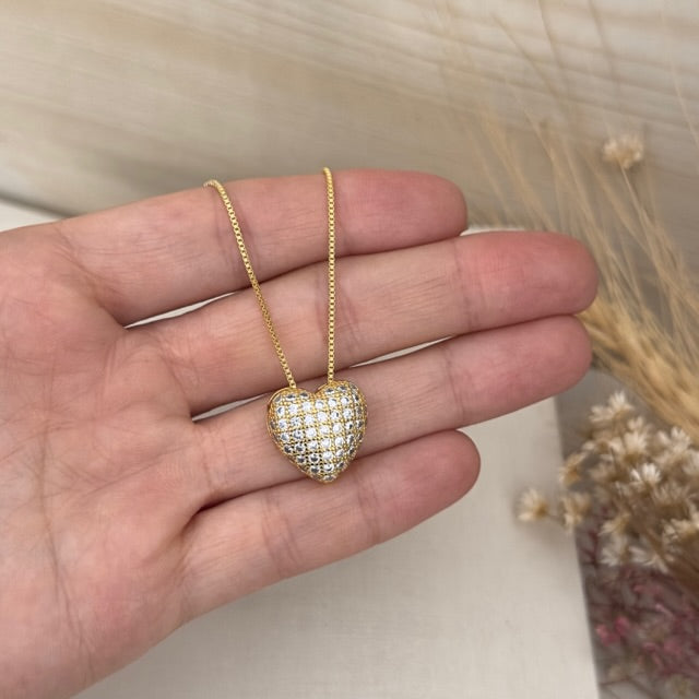 Colar de Coração de Zircônia Cristal Dourado
