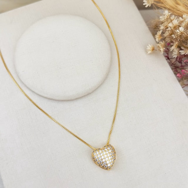 Colar de Coração de Zircônia Cristal Dourado