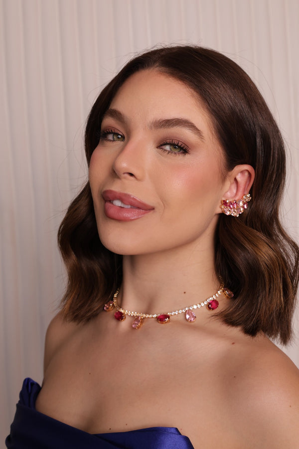 Kit Ear curf e Colar de Zircônia Celine Pink com Rosa- Dourado