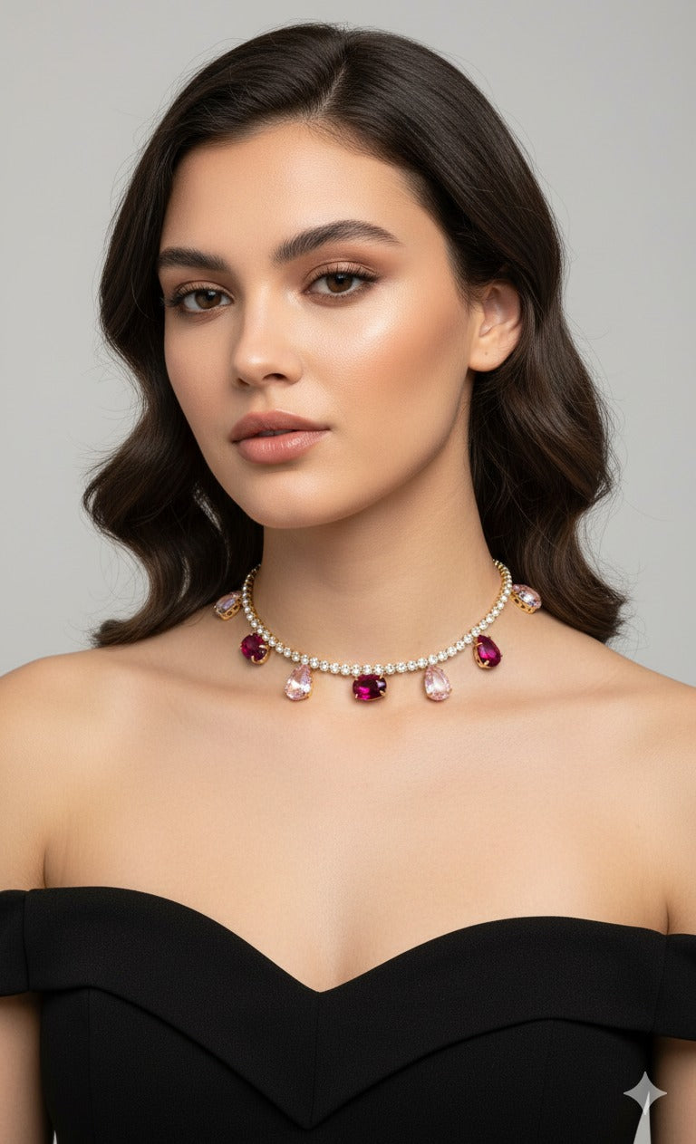 Kit Ear curf e Colar de Zircônia Celine Pink com Rosa- Dourado