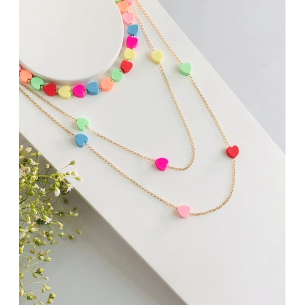 Colar Duplo + Choker Coração Colorido