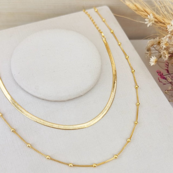 Colar Duplo Corrente Bolinha e Fita Dourado