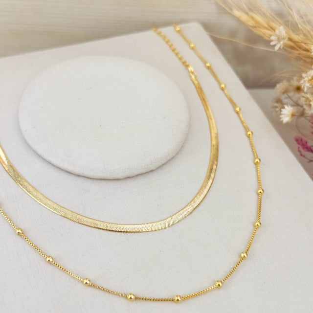 Colar Duplo Corrente Bolinha e Fita Dourado